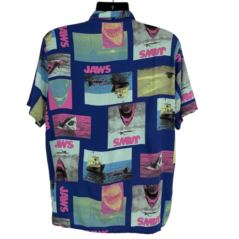 Jaws Movie Shark Print Button Front Camp Shirt Blue Pink Mens LG Novelty Retro - Picture 3 of 9